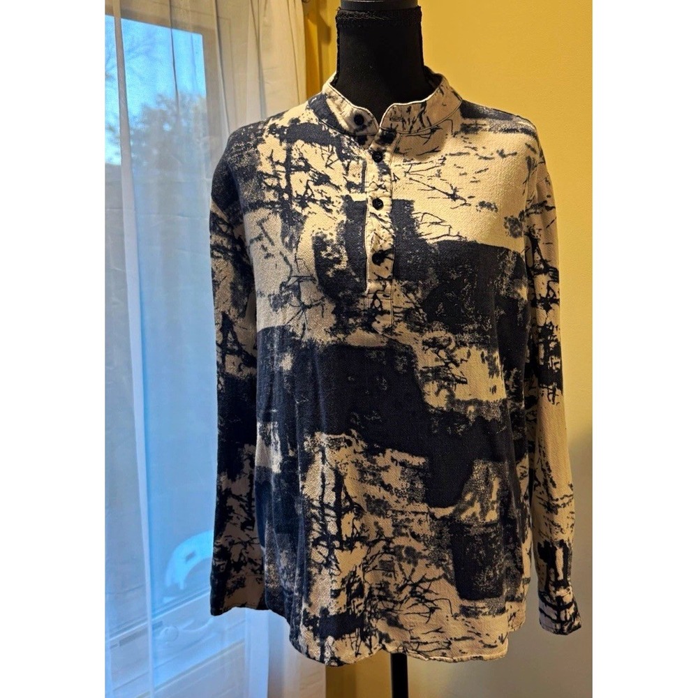 Coofandy Unisex Blue/White Abstract Button-Up Shirt Point Collar Long Sleeve M